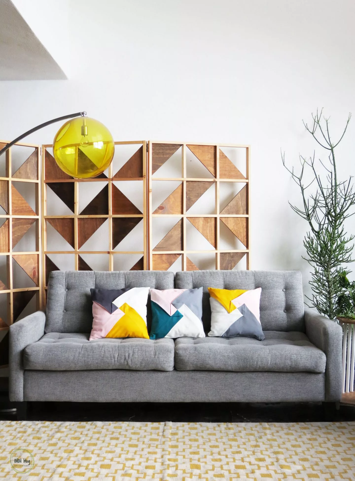 color block pillows on couch