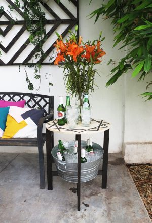 DIY patio upgrade #treillis #backyard #diy #sidetable #patio #candle #etchglass