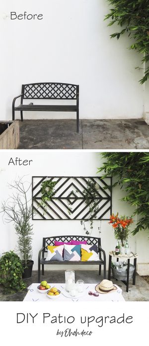 DIY patio upgrade #treillis #backyard #diy #sidetable #patio #candle #etchglass