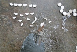 DIY backsplash using penny tiles