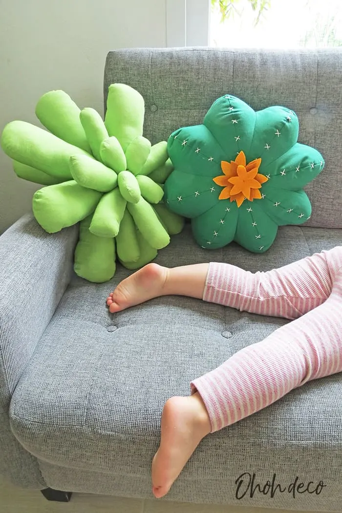 cactus pillow and succulent pillow on couch