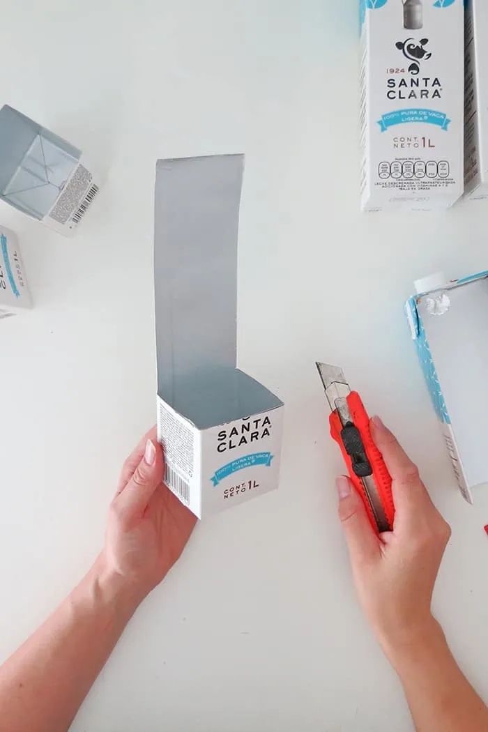 cut milk carton to make diy desk organizer