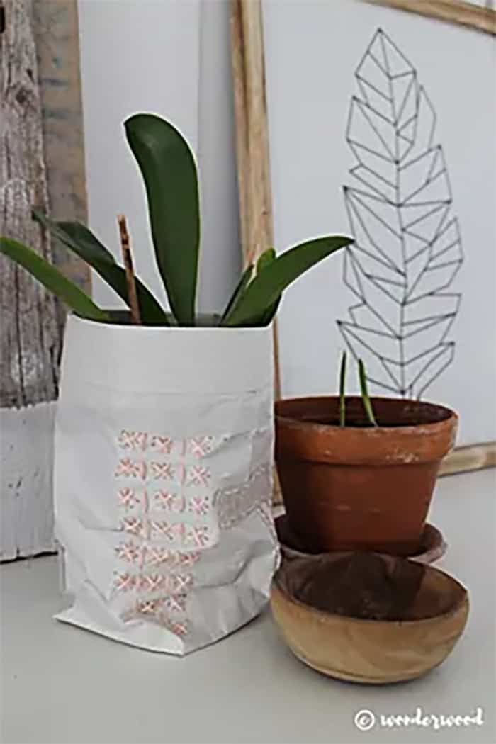 embroidered paper bag planter DIY