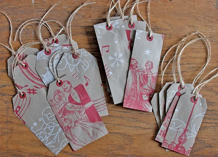upcycled paper bag into gift tags