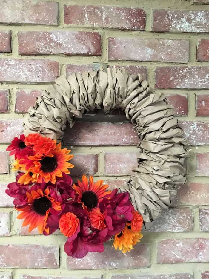 diy wreath with brown bag