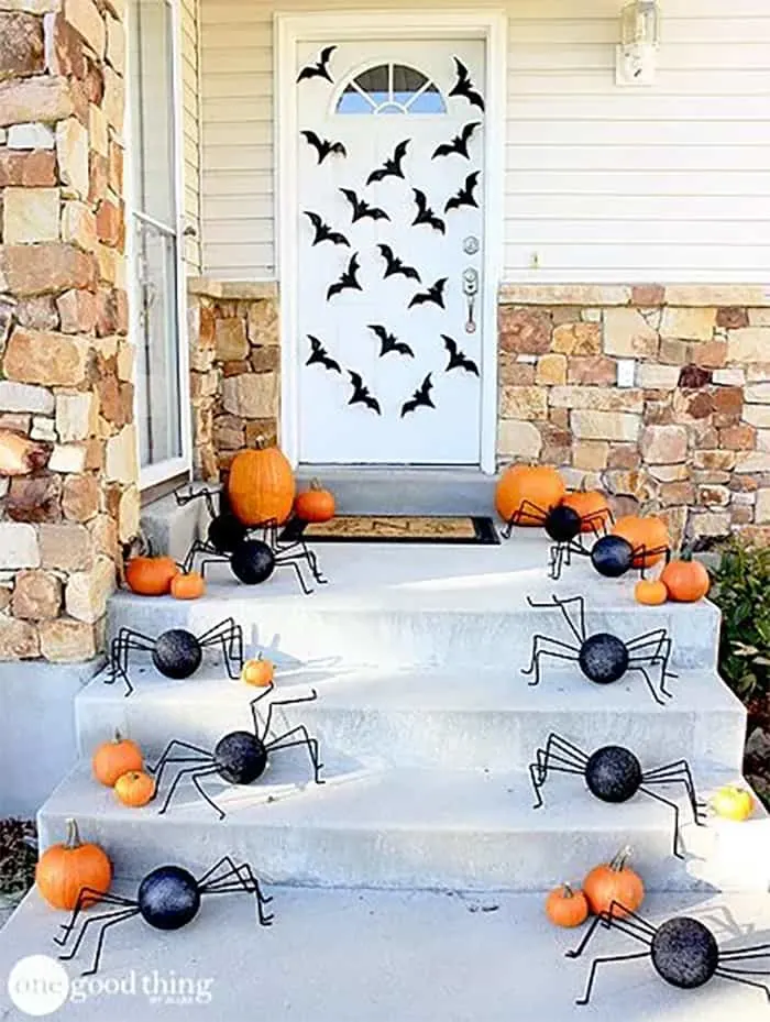 DIY halloween spiders and bats front door