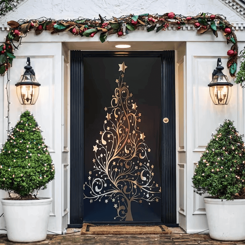 Golden christmas tree door banner