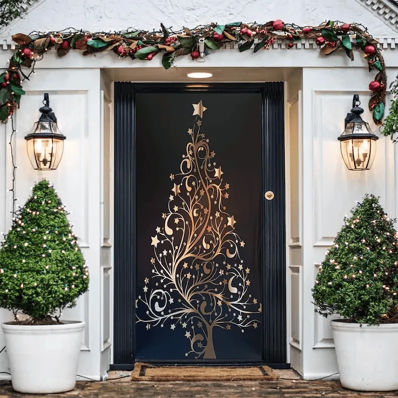 Golden christmas tree door banner