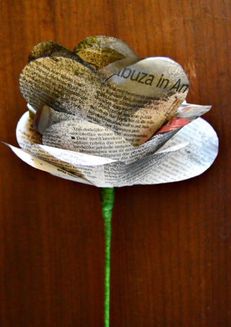 Bunch of Newspaper Roses -lightly spray the top of the petals with bronze ink, when dry gently open them out