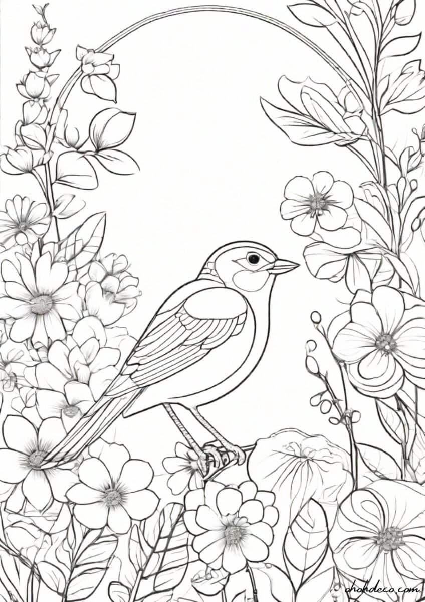 Spring-coloring-page-bird-flowers - Ohoh deco