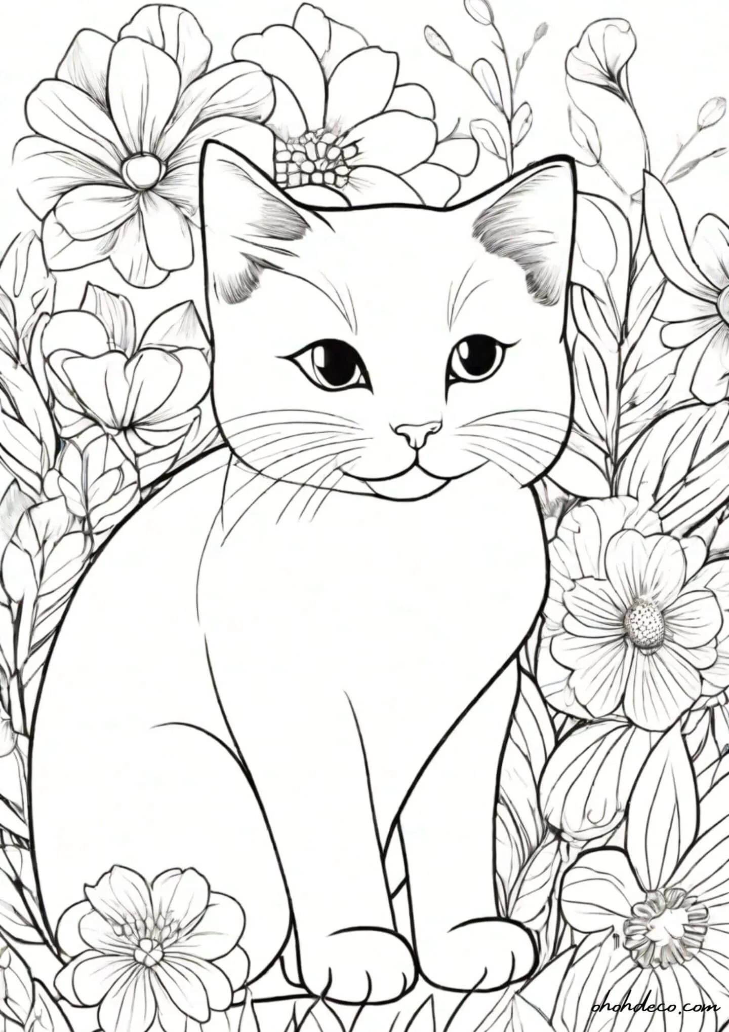 cat and flowers coloring page