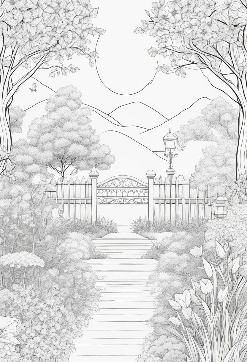 coloring page garden with fence