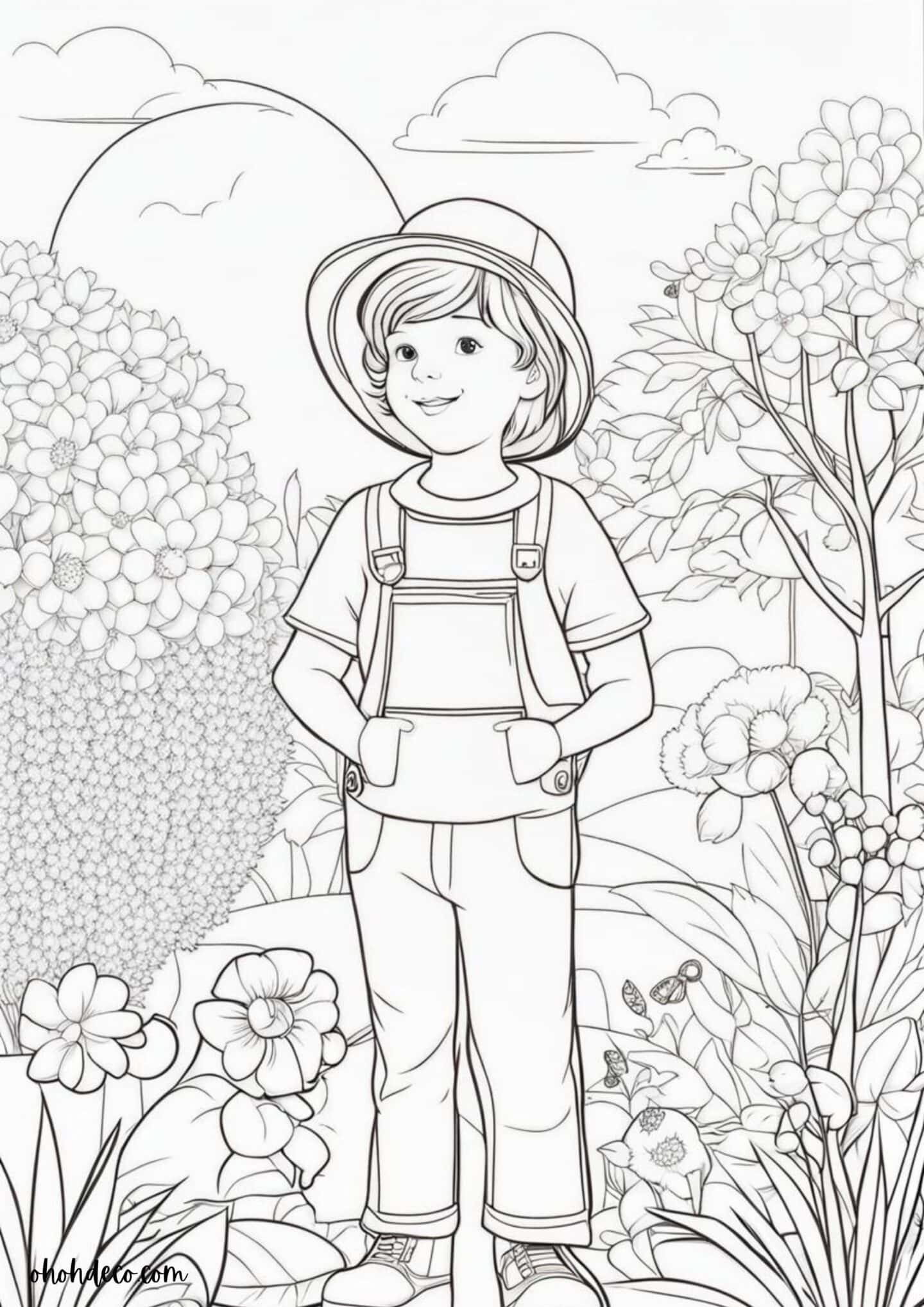 coloring page kids flower garden