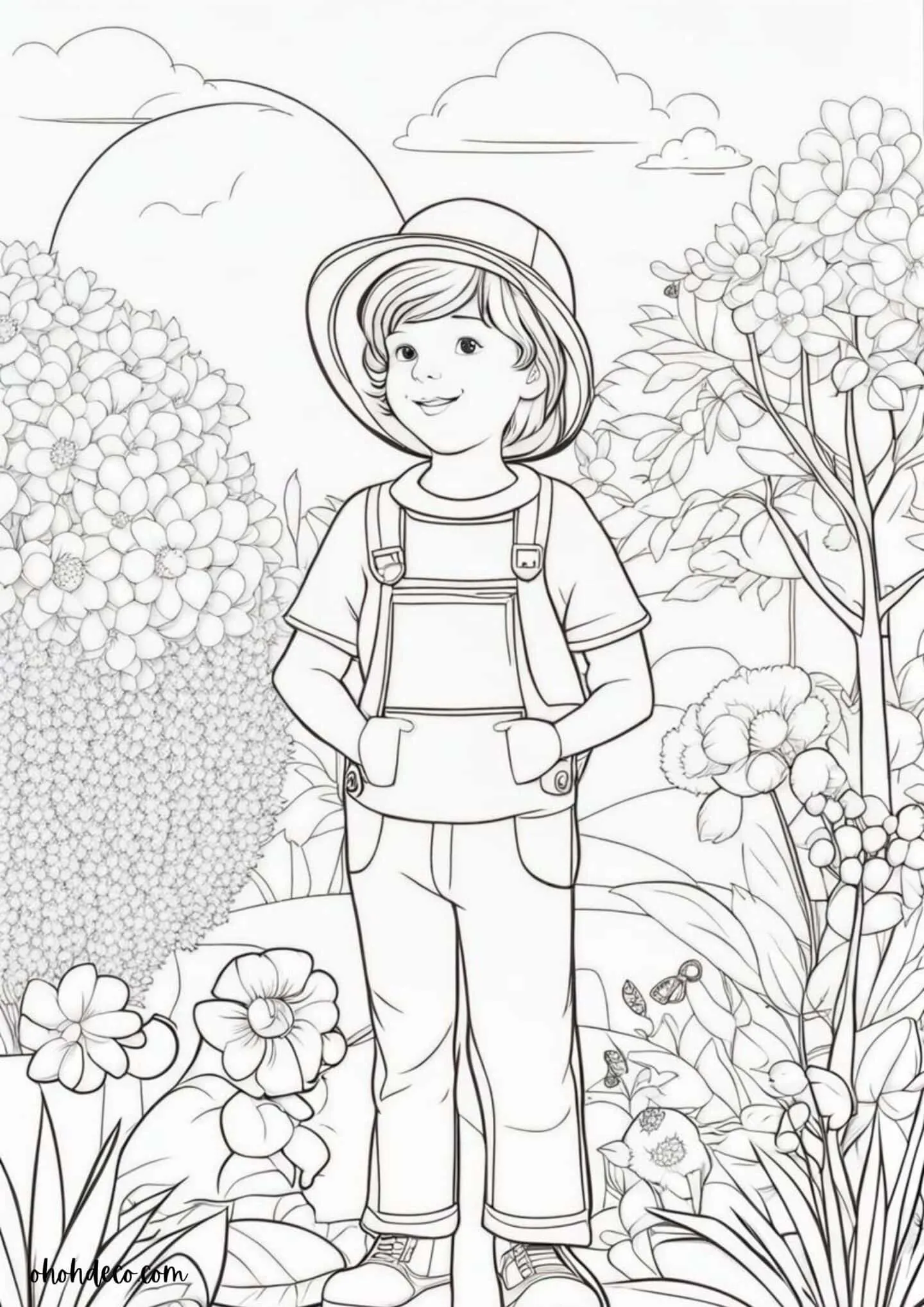 coloring page kids flower garden
