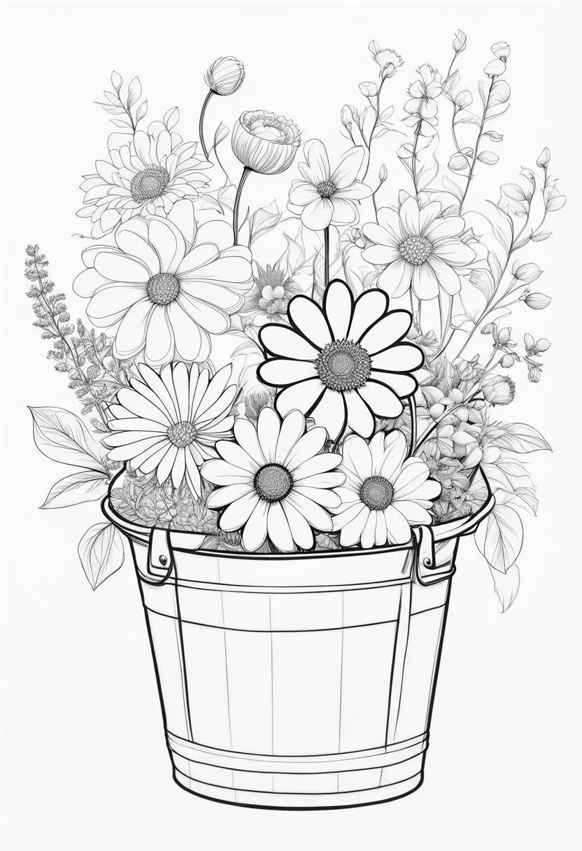 coloring page bucket flowers