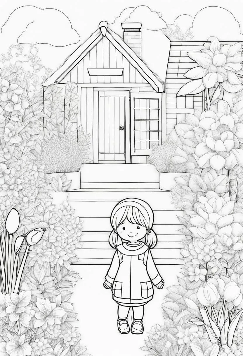 coloring page garden little girl
