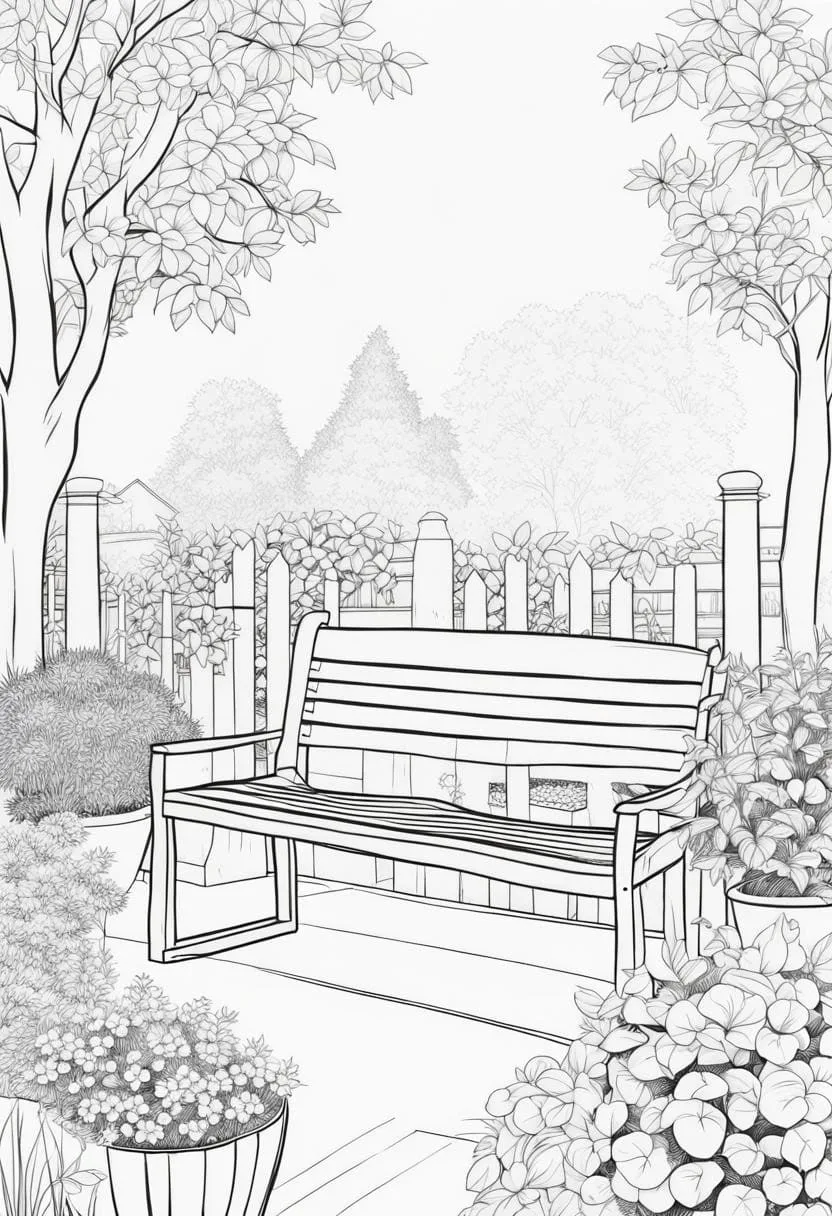 coloring page garden bench