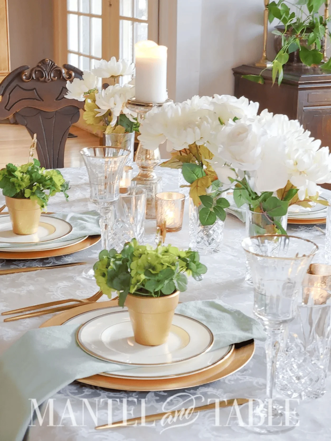 white and gold st patrick's table idea