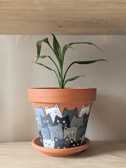 cat painted plant pot