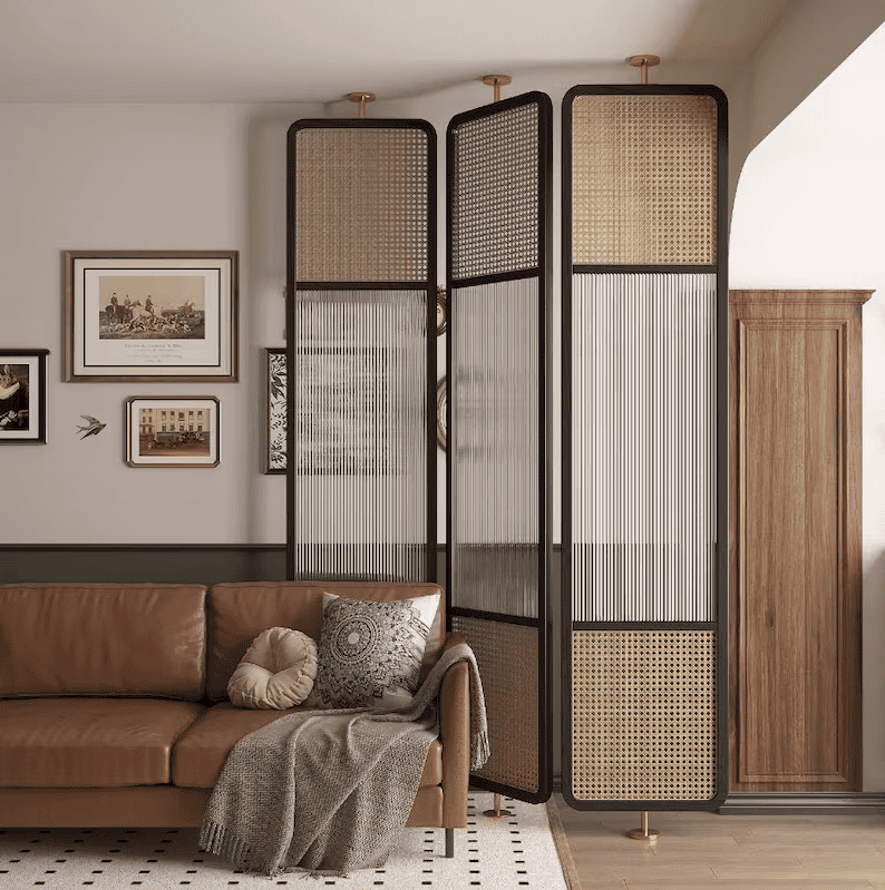 cane and flutted glass room divider