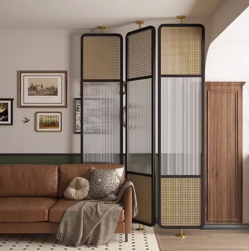 cane and flutted glass room divider