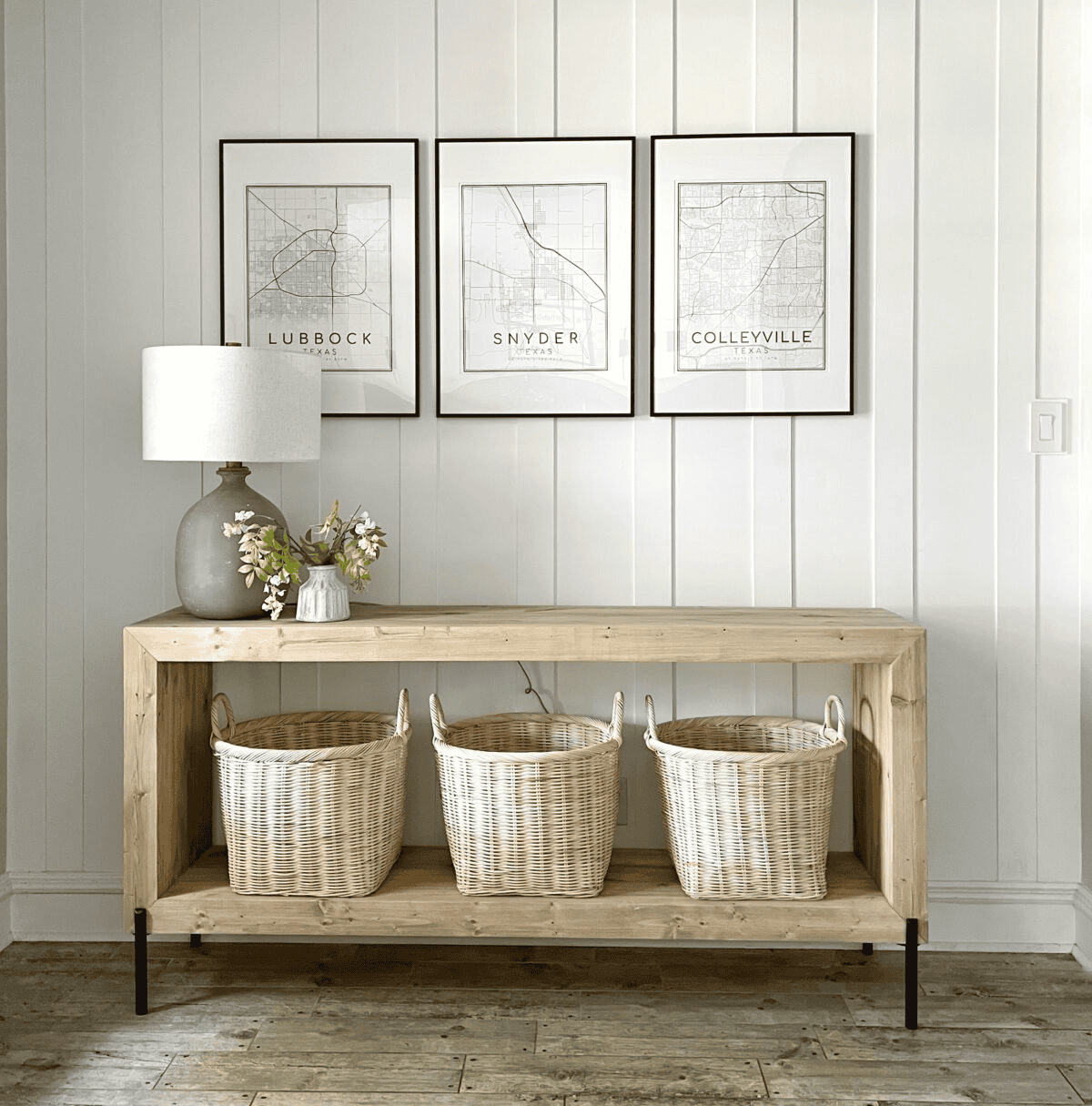 wood console table with baskets