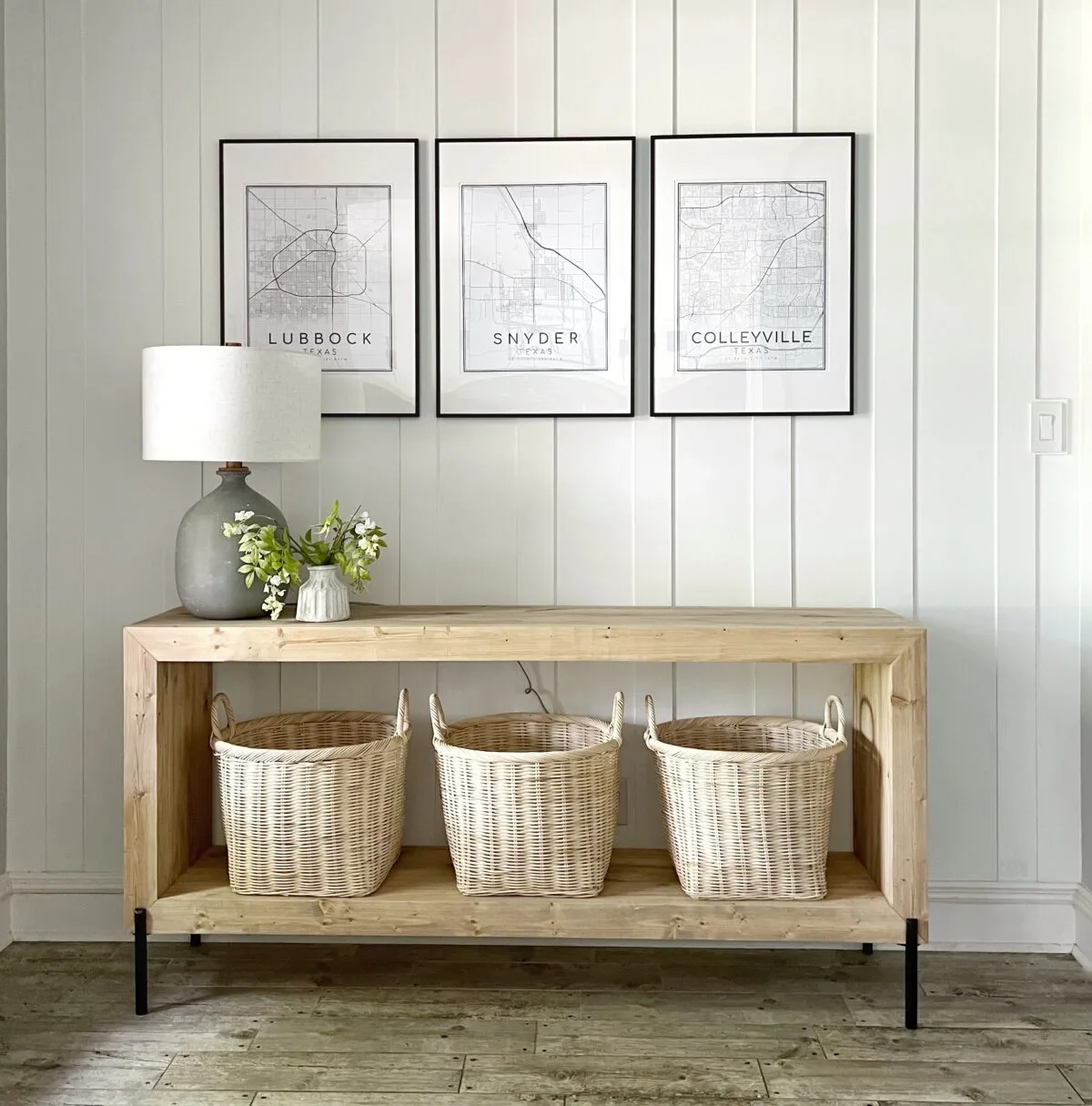 wood console table with baskets