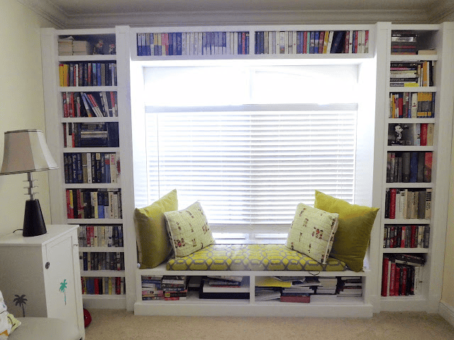bookshelf bench reading nook