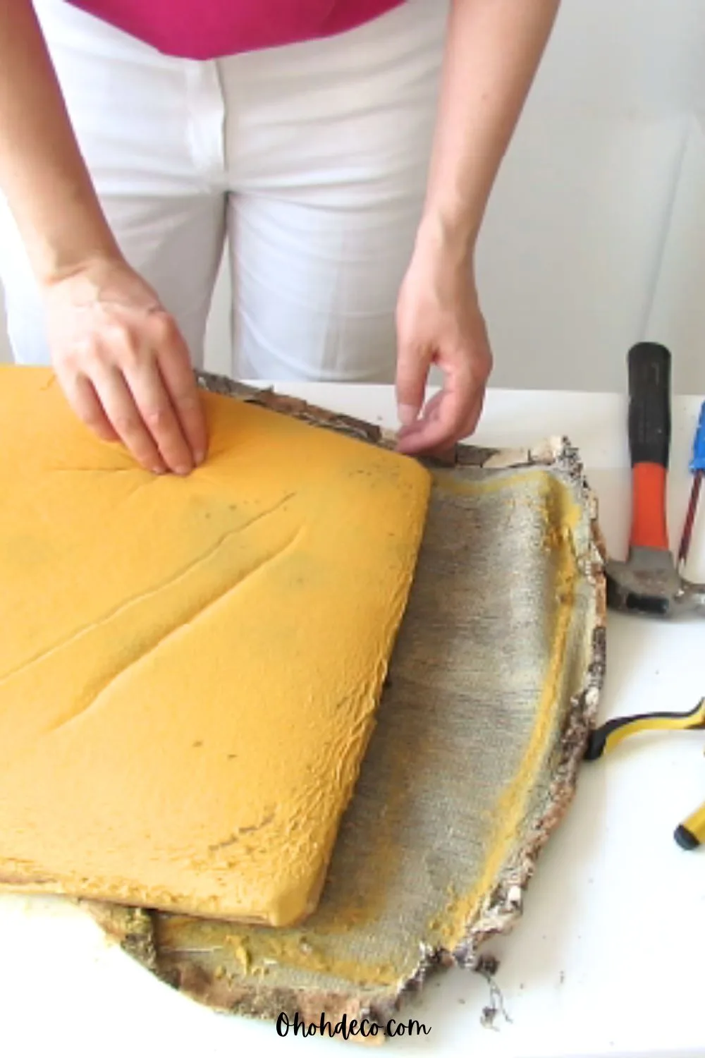 remove the old foam and fabric from the seat