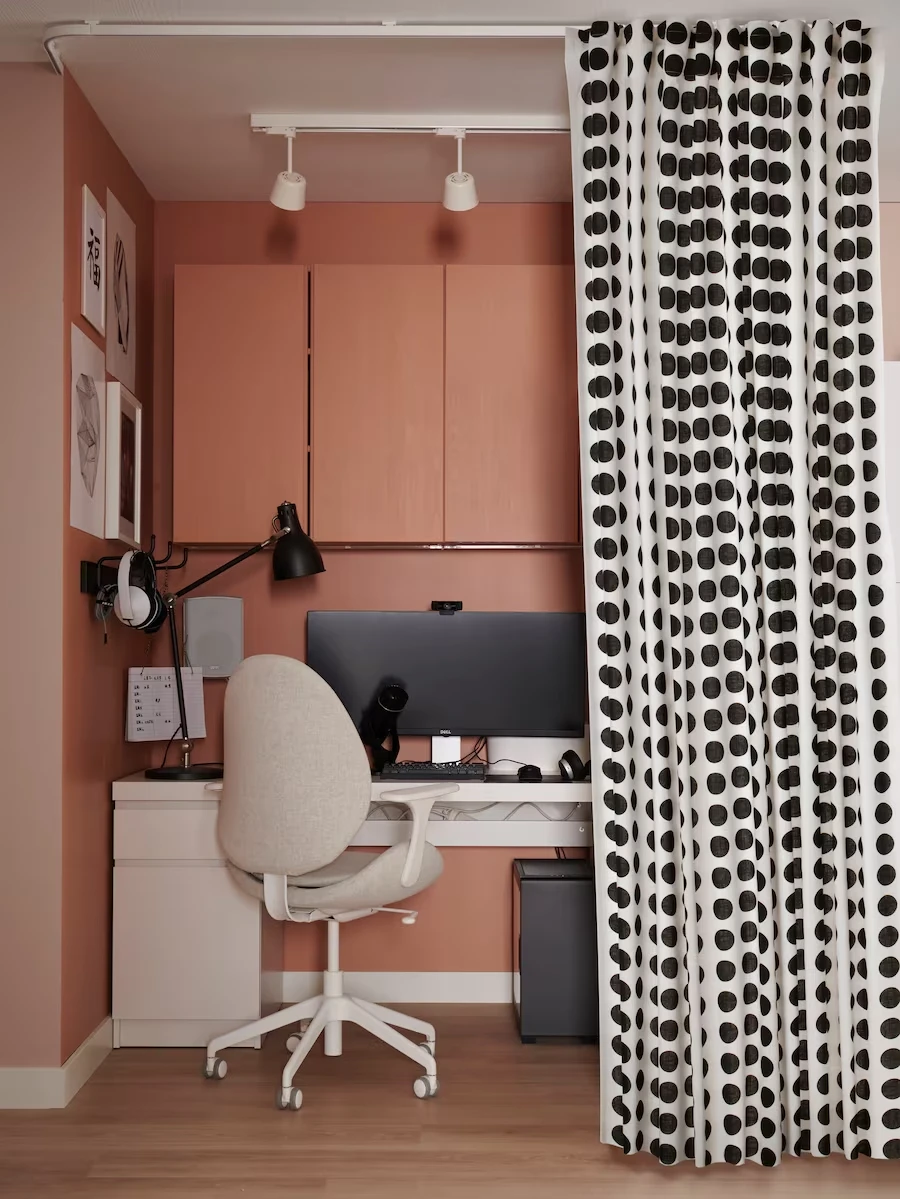 home office corner with curtain